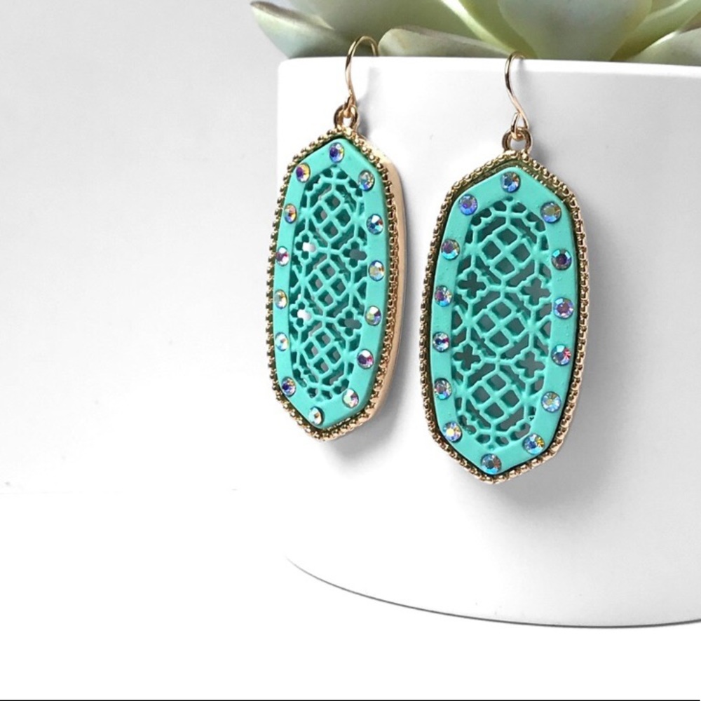 Aqua filigree dangle women’s rhinestone detail pretty fall earrings - Picture 2 of 4